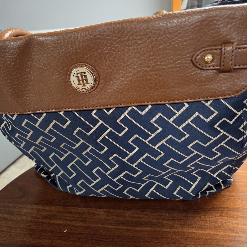 Tommy Hilfiger  Blue and Brown Geometric Shoulder Bag